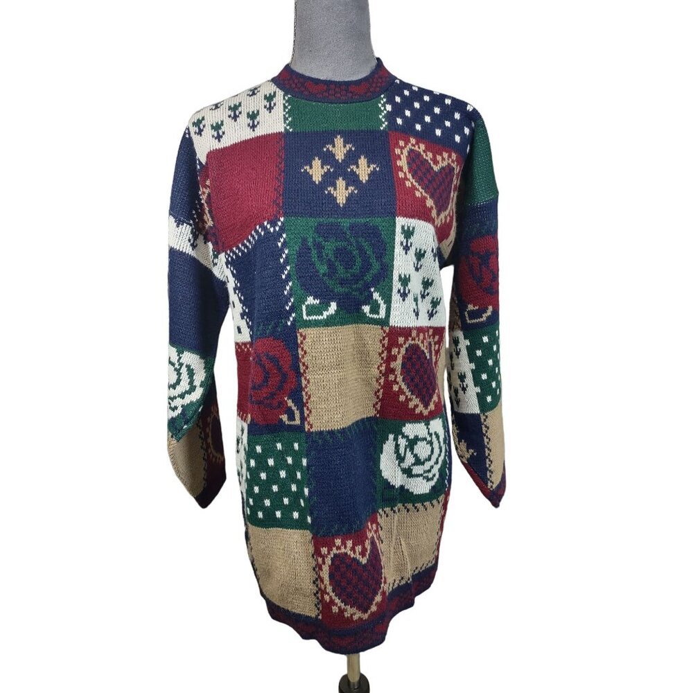 Vintage Grannycore Sweater 90s Patchwork Knit Crewneck Pullover Womens Large